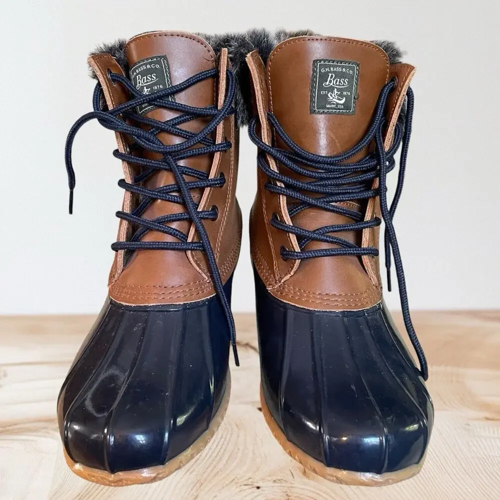 Bass Harlequin Winter Duck Boots Black Sz‎ 9 Womens Leather Rubber Faux Fur Trim